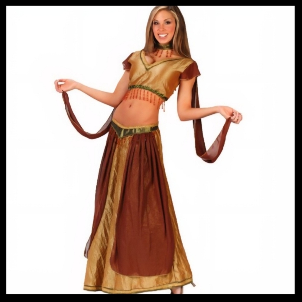 EXOTIC BELLY DANCER Womens Halloween Sz 10-14 Med/Lg Gold Brown Green Costume